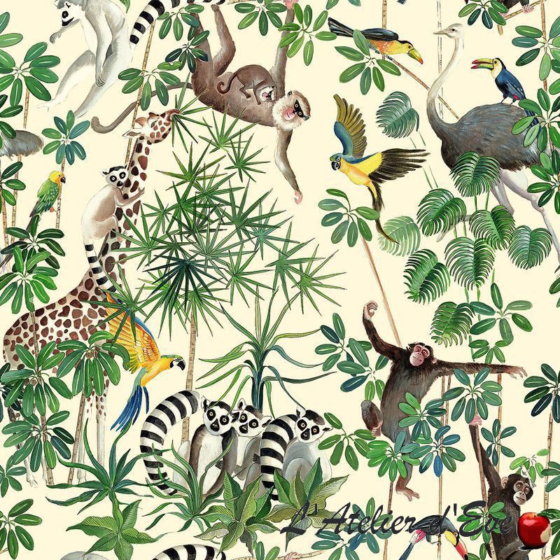 "La jungle des animaux" Tissu ameublement coton enfant Thevenon