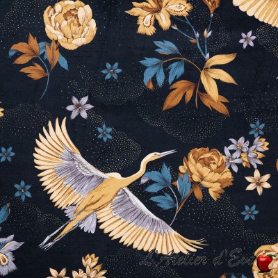 "Tsuru" velours bleu nuit Tissu japonisant Thevenon