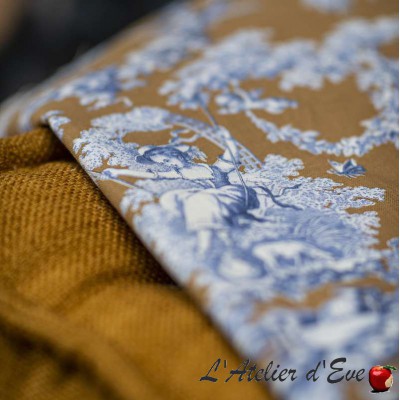 Ludivine toile de jouy bleu fond camel u Thevenon grande largeur 100% coton