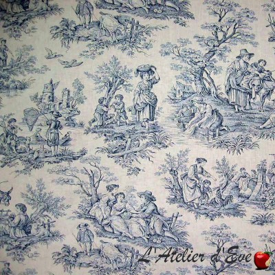 "A la campagne" bleu Toile de jouy coton Casal