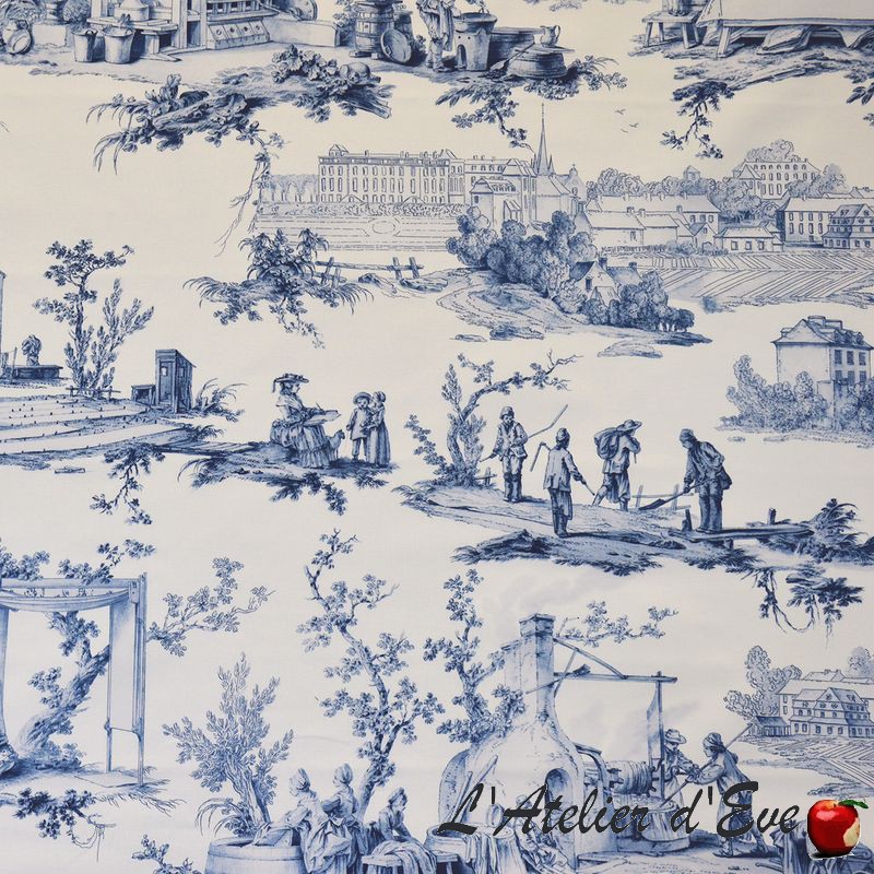 "Les travaux de la manufacture" bleu Rideau Made in France toile de jouy Casal