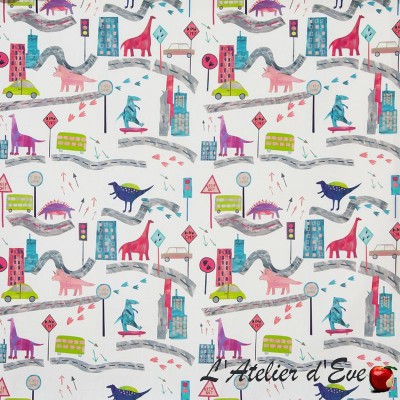 "Dino city" rainbow Toile de coton au mètre pour enfant motifs dinosaures Collection Big Adventure Prestigious Textiles