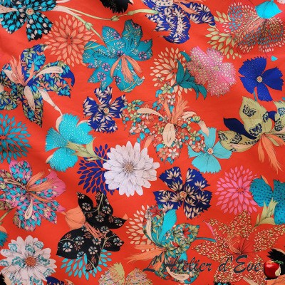 Tissu "Kimono Flowers" rouge coton Thevenon