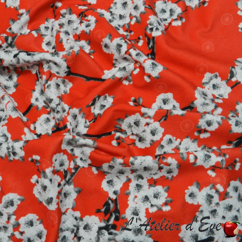 Tissu ameublement velours "Printemps au Japon" rouge Thevenon