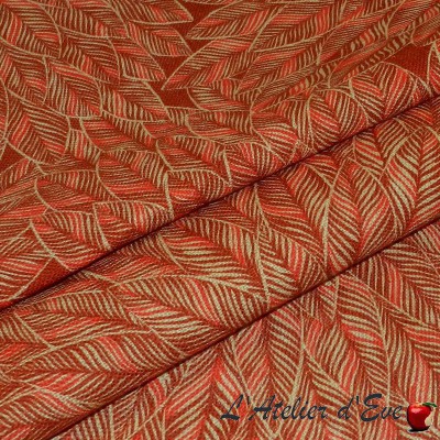 Chaman rouge fond terracotta - Tissu ameublement lin au mètre Thevenon