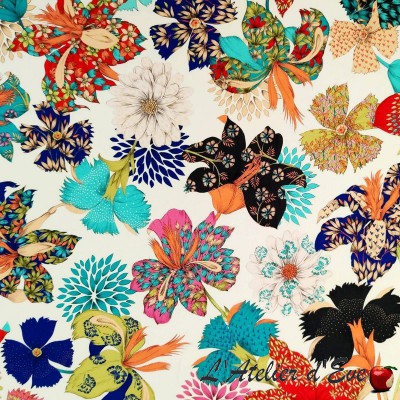 Coupon 100 x 140cm cotton fabric "Kimono Flowers" Thevenon