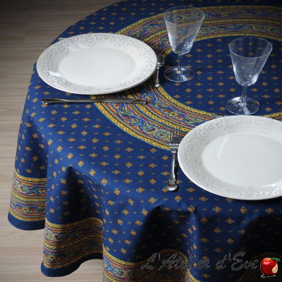 "Blue croquet braid" Provencal cotton tablecloth and square Valdrôme Made in France