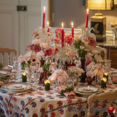 Blue-Red "Coup de Chance" Embroidered Tablecloth French Manufacture