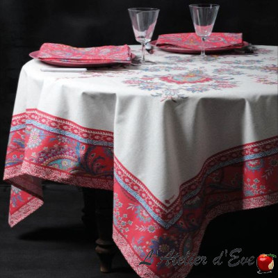 "Haveli raspberry" Provencal cotton tablecloth and square Valdrôme Made in France