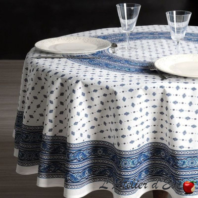 "Galon blanc-bleu" coton Nappe et carré provençaux Valdrôme Made in France