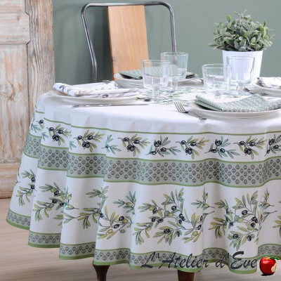 "Garance olive" Nappe ronde provençale tissu coton Valdrôme Made in France