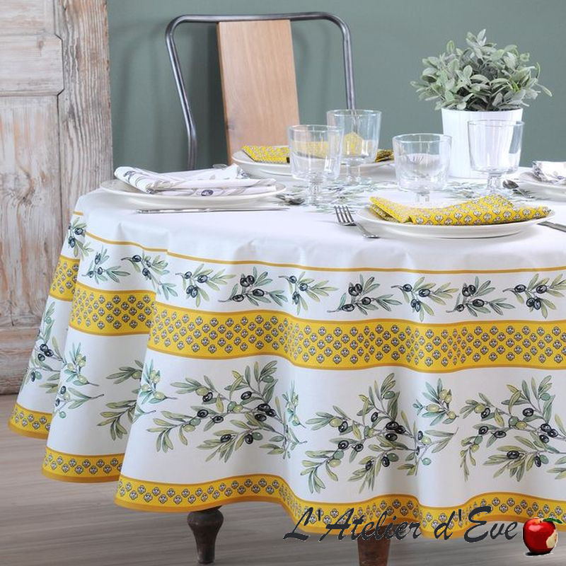 "Garance olive" Round Provençal tablecloth cotton fabric Valdrôme Made in France