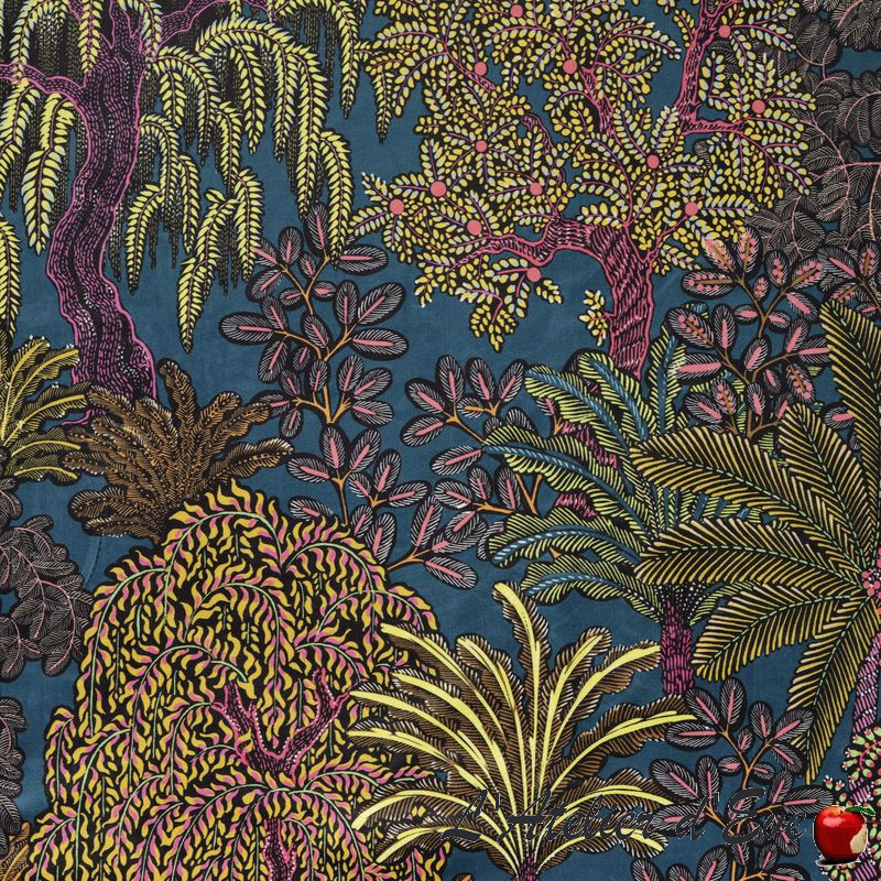 Jaune fond bleu canard-Tissu velours Majorelle Thevenon