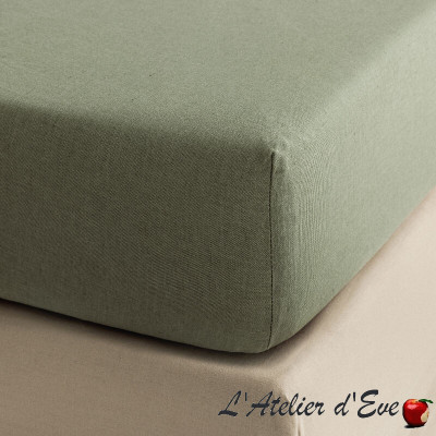 drap-housse-uni-reseda-kaki-coton-lin-nuances-le -jacquard-francais