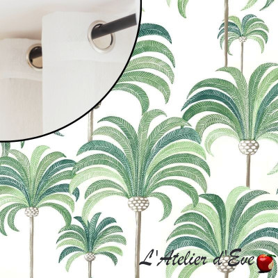 Rideau sur mesure "La palmeraie" bleu azur fond crème de Thevenon Paris et evedeco.com
