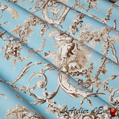 Toile-de-jouy-percale-de-coton-ludivine-fond-bleu-ameublement-et-sièges-thevenon