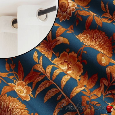 rideau-coton-fleuri-jacobine-caramel-fond-bleu-thevenon-fabrication-française
