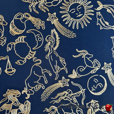tissu-coton-satiné-brodé-Astral-fond-marine-Thevenon