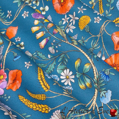 tissu-coton-fleuri-Jardin-des-Secrets-bleu-orageux-thevenon