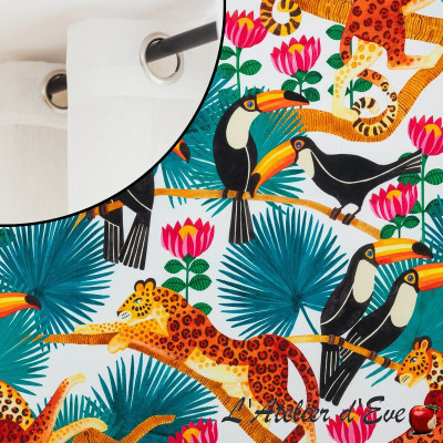 Rideau-à-oeillets-prêt-à poser-Toucans-fond-blanc-Thevenon-Fabriqué-en-France