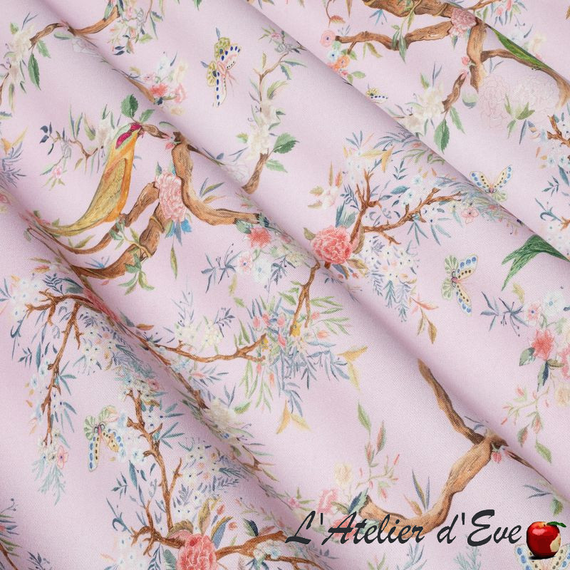 Tissu-coton-fleurs-oiseaux-Birds-rose-ameublement-Thevenon