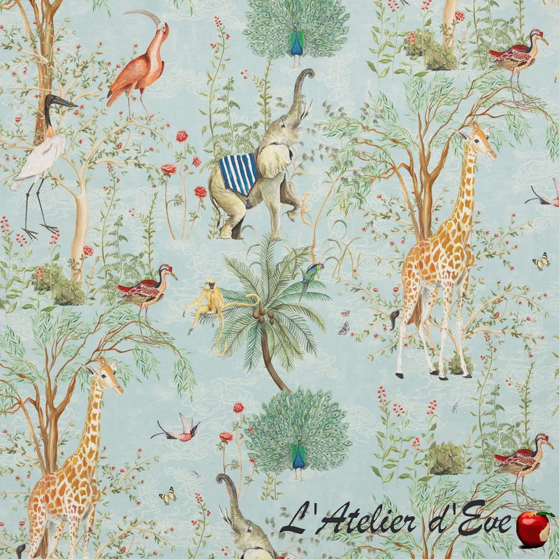 Tissu-enfant-satin-de-coton-animaux-exotiques-fond-bleu-ameublemen-Thevenon