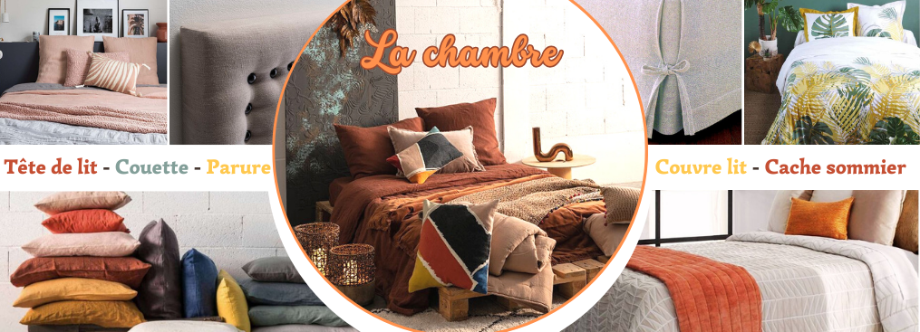 Univers de la chambre: couvre-lit, plaid, tête de lit