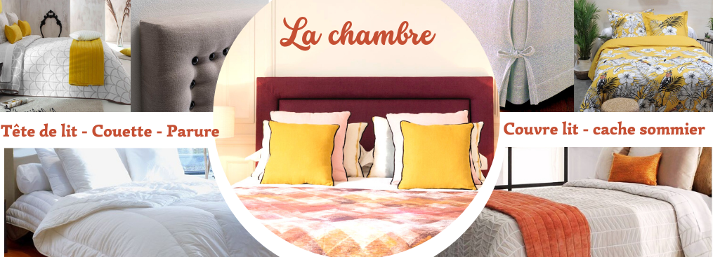 Univers de la chambre: couvre-lit, plaid, tête de lit